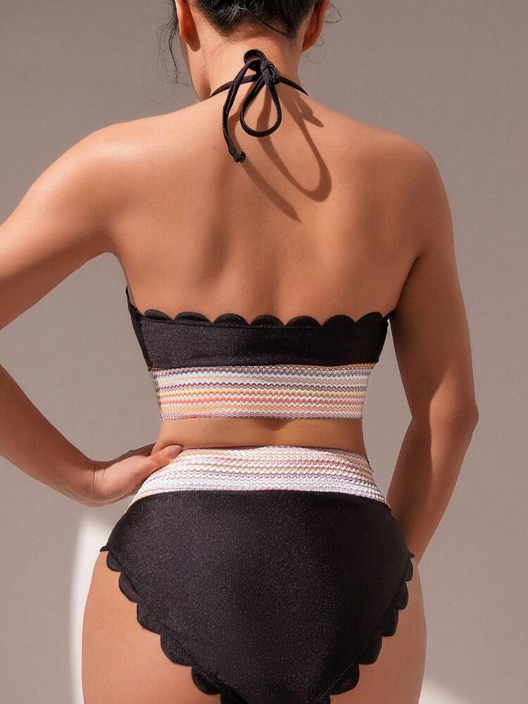 Women's Scallop Edge Hollow Out Halter Neck Bikini Set Summer Beach