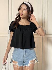 Flirla Solid Color Square Neck Short Sleeve Shirt Peplum Top - Black - View 6