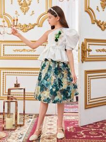 SHEIN Ensemble Pour Filles Préadolescentes, Mignon, Style Palace Vintage, Décoration Florale En 3d, Top Épaule Oblique Avec Manches Bouffantes Et Jupe Évasée En Jacquard - Vert - Voir 6