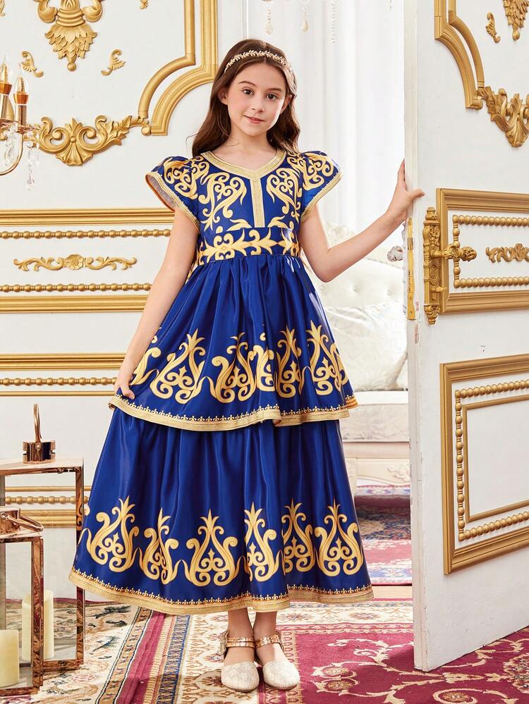 Tween Girl Elegant V-Neck Cap Sleeve Dress For Vacation