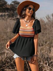 SHEIN LUNE Women's Geometric Printed Ruffled Short Sleeve Blouse - Black - View 5