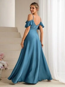 SHEIN Belle Embroidered Detail Off-The-Shoulder Neckline Bridesmaid Dress - Blue - View 2