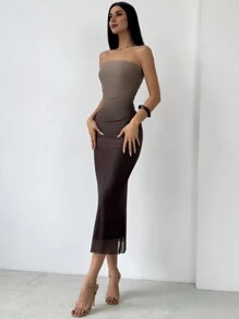 Aloruh Kiểu Mỹ Biến đổi dần Lưới Quây Váy bodycon - Cà phê nâu - Xem 4