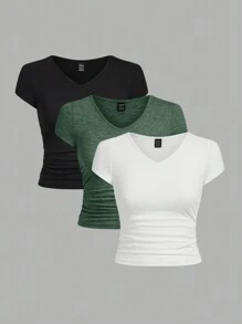 SHEIN EZwear Women's Multicolor Knitted Solid Short Sleeve Tight T-Shirt - Dark Green - View 2