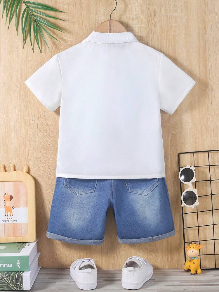 Baby Boys' Casual Vacation Style Giraffe And Coconut Tree Print Short Sleeve Top & Mid Wash Elastic Waist Wide Leg Denim Shorts Set