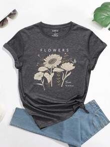 INAWLY Camiseta com Ajuste Regular Estampa Floral e Letra, Gráfico de Flores em Direção ao Sol, Blusas Femininas - Chumbo - Visão 3