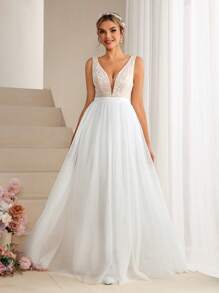 SHEIN Belle Vestido De Novia Estilo Princesa Confeccionado En Tul, Bordado De Encaje, Con Parches Y Lentejuelas