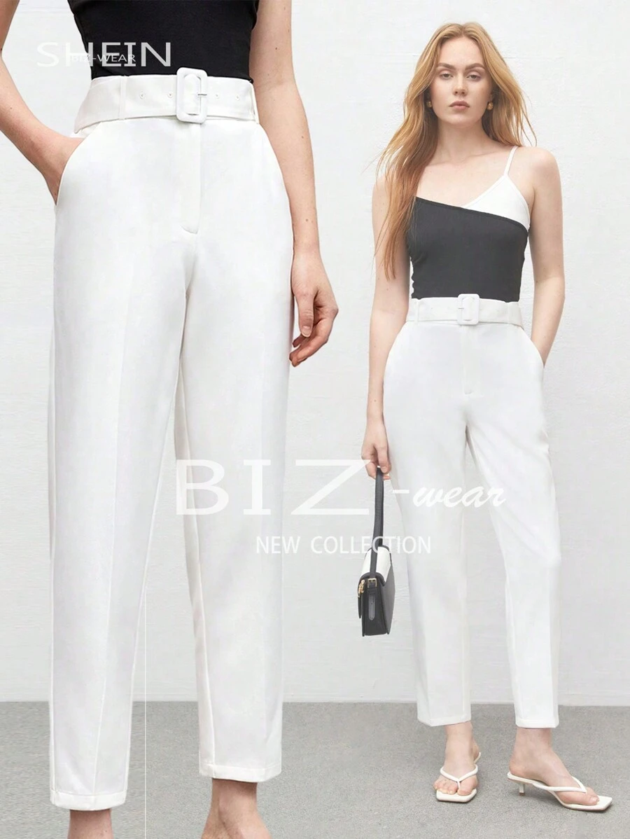 BizChic Women's Solid Color Tapered Slim Fit Suit Pants - White - View 1