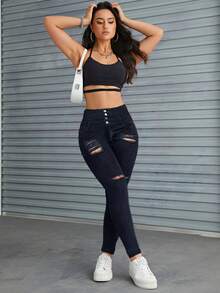 Pantalones ajustados elásticos rasgados con cintura alta y cierre de cremallera - Negro - Ver 5