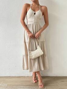 SHEIN Privé 中长款挂脖连衣裙 - 杏色 - 查看 4