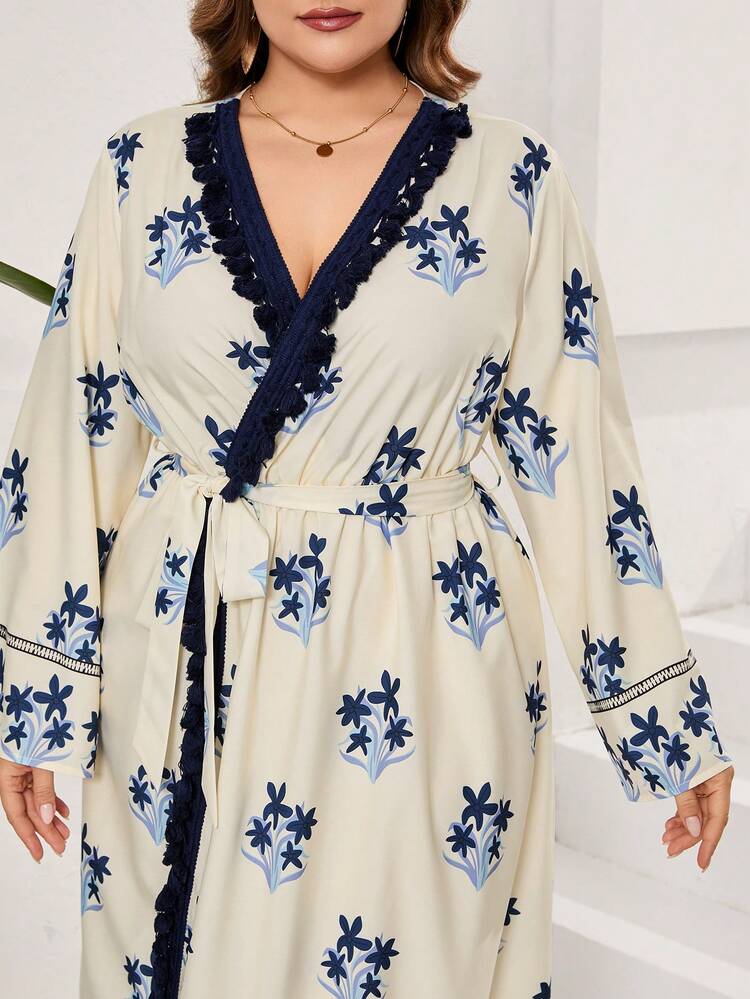 Plus Size Printed Patchwork Fringe Trim Woven Belt Dress