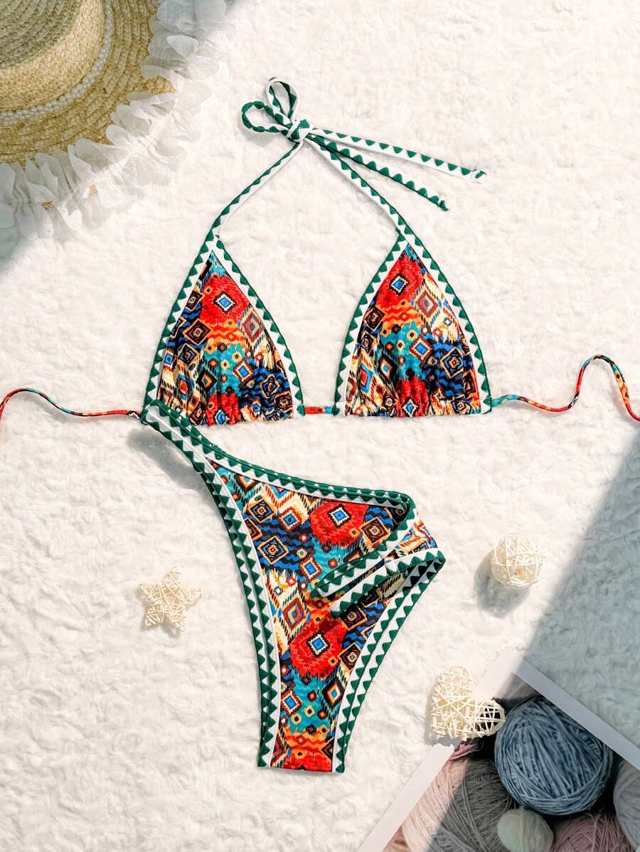 SHEIN Swim 女士几何印花吊带高腰比基尼套装 夏季 - 彩色 - 查看 1