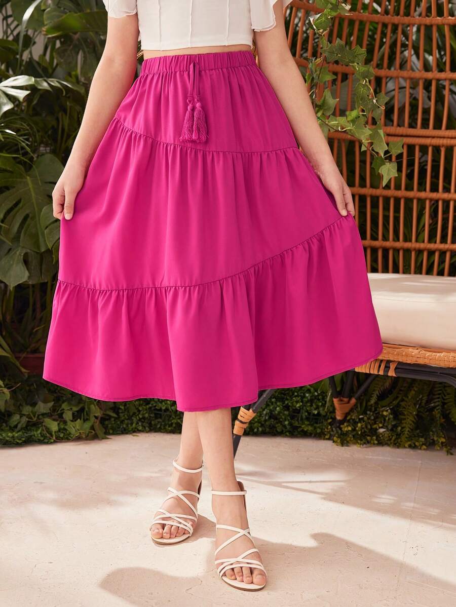 SHEIN Váy Tween Girl dệt màu trơn dáng rộng cho mùa xuân và mùa hè - Màu Hồng Tươi - Xem 1