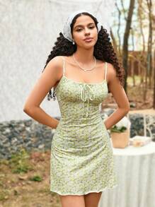 Soleia Hoa In Xếp li Bustier Phong cách Váy Dây - màu xanh lá - Xem 3