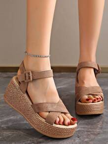 Simple Lightweight Thick Sole Platform Sandals For Women, Red, Waterproof Platform High Heels 7cm - Khaki - View 2