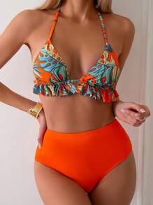SHEIN Swim 女性熱帶印花露肩上衣和純色三角底部比基尼套裝 - 橘色 - 查看 5
