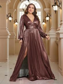 SHEIN Belle Metallic Fabric Deep V-Neck Plus Size Women's High Slit Evening Dress Elegant Long Sleeve Formal Prom Wedding Guest Gown, For Graduation, Dinner Party Dress - Bronze - View 2