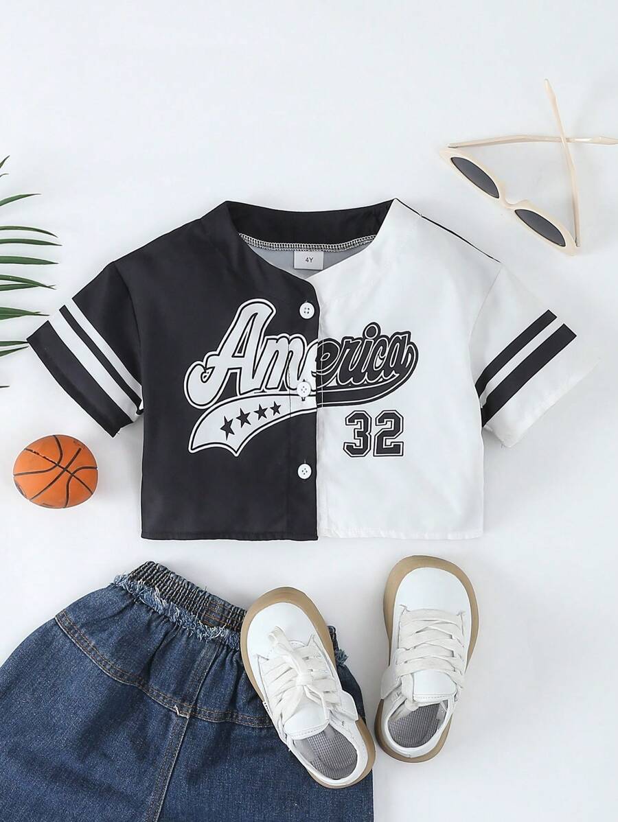 SHEIN Cô Gái Trẻ Phong Cách Đường Phố Đen Trắng Khối Màu In Chữ Áo Sơ Mi Ngắn Tay Ngoại Cỡ, Thích Hợp Trong Mùa Hè - Đen và trắng - Xem 1