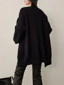 Chaqueta De Punto Suelta De Color Sólido Con Botones Frontales, Versátil Y Minimalista - Negro - Ver 2