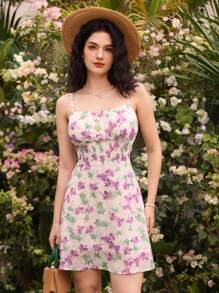 Aveloria Vestido corto con cintura fruncida para mujeres con estampado floral aleatorio y contrastante