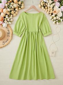 SHEIN LUNE Ladies' Solid Color Loose Fit Long Casual Dresses For Spring/Summer - Green - View 3