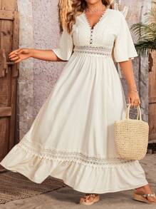 Breezaya Plus Size Lace Splicing V-Neck Dress With Lotus Leaf Hem Maxi Women Outfit