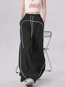女士抽绳腰带口袋拼接休闲运动裤 黑色 春季 - 黑色 - 查看 4