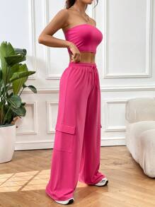 SHEIN Unity Women's Solid Color Strapless Top & Workwear Style Long Pants Two Pieces Set - Multicolor - View 3