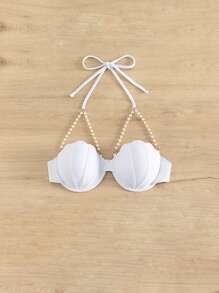 Swim SXY 2026 Spring/Summer White Pearl Chain Spaghetti Strap Halter Seashell Hard Cup Cleavage Enhancing Silver Clasp Back Sweet Women Bikini Top