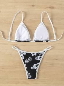 SHEIN Swim Summer Beach Tropical Printed Contrast Trim Bikini Set - Black and White - View 2