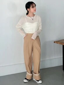 FRIFUL Women's Contrast Binding Straight Leg Pants - Khaki - View 2