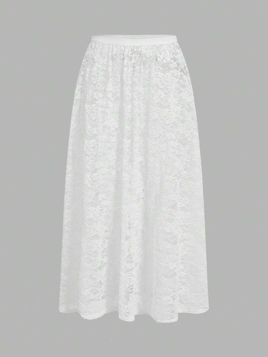 SHEIN Qutie Falda blanca de encaje transparente - Blanco - Ver 1
