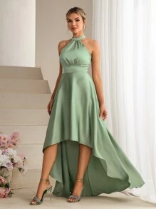 SHEIN Belle Solid Color Asymmetrical Hem Sleeveless Bridesmaid Dress With Waist Belt - Green - View 3