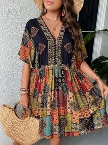 SHEIN CURVE+ Kích thước lớn Của phụ nữ Vá lại Hoa tay cánh Đầm - Màu xanh hải quân - Xem 3