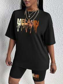 SHEIN Slayr Women's Letter Pattern Drop Shoulder Sleeve T-Shirt And Shorts Set - Black - View 5