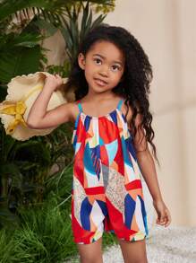 SHEIN Unga flickors musikfestival Geometriskt tryckt vävd byxa med spaghettiband, vår/sommar - Multifärgad - Visa 4