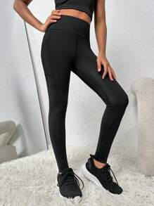 Cô gái Tween Thắt lưng rộng Túi đựng điện thoại Kiểm soát bụng Quần Xà cạp thể thao - màu đen - Xem 5