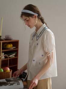 Simple Retro Simple Retro Women's Contrast Color Double-Layer Square Neck Embroidered Shirt Summer Tops Summer Clothes Women Commuter Office Interview French Elegance