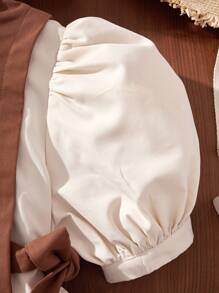 SHEIN Tween Girls' Short Sleeve Shirt Collar Color Block 2 In 1 Dress With Side Tie - Beige - View 4