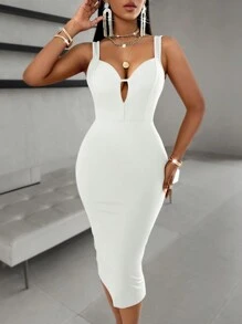 AIJ Vestido midi ajustado sin mangas y con espalda descubierta de Amarilo, con tirantes finos, volantes y abertura en el bajo, de tela elegante para fiesta - Blanco - Ver 7