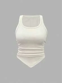 SHEIN ChicEase Solid Color Ribbed Pleated Slim Fit Tank Top With Round Neck - Multicolor - View 3