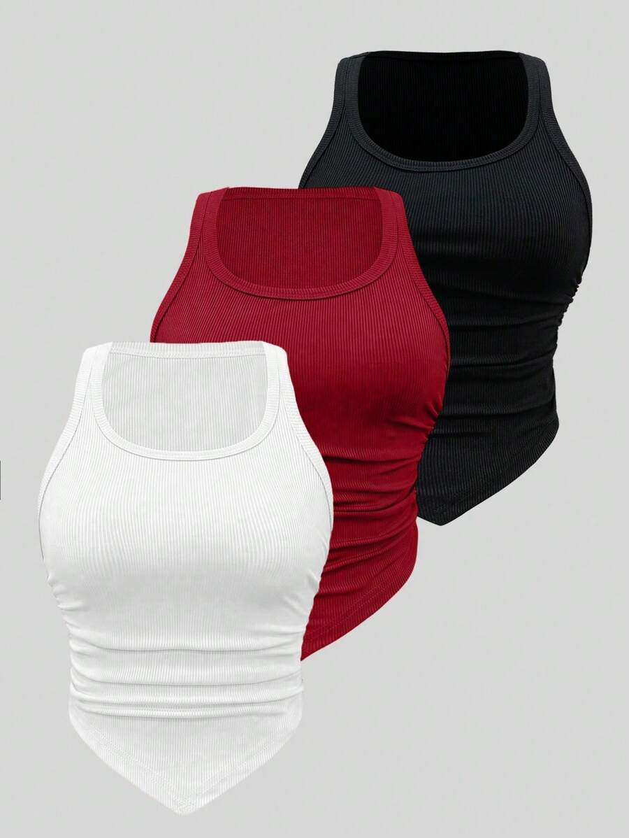 SHEIN ChicEase Sleeveless Top With Slit Hemline, Angled Pleats And Ribbed Texture, Multicolor Set - Multicolor - View 1
