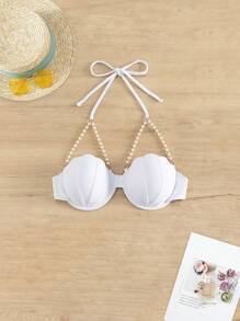 Swim SXY 2026 Spring/Summer White Pearl Chain Spaghetti Strap Halter Seashell Hard Cup Cleavage Enhancing Silver Clasp Back Sweet Women Bikini Top