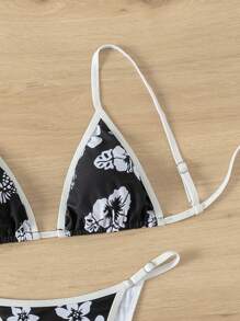 SHEIN Swim Summer Beach Tropical Printed Contrast Trim Bikini Set - Black and White - View 4
