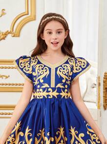 SHEIN Tween Girl Elegant V-Neck Cap Sleeve Dress For Vacation - Blue - View 3