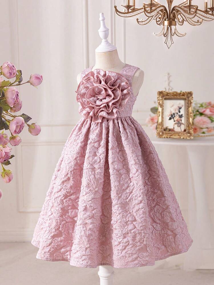 Young Girl's Sleeveless Round Neck Dress With Short Sleeves, Gorgeous Floral Design