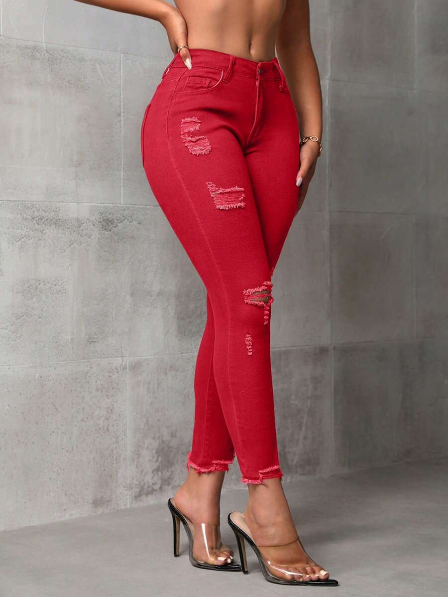 SHEIN ICON Solid Color Skinny Fit Distressed Raw Hem Jeans - Red - View 1