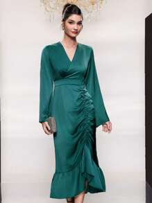 Modelyn Ladies' V-Neck Flared Sleeve Ruffle & Fish Tail Hem Dress Long Evening Dresses - Dark Green - View 1