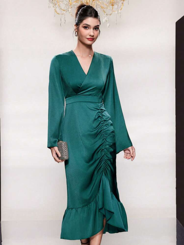 Ladies' V-Neck Flared Sleeve Ruffle & Fish Tail Hem Dress Long Evening Dresses