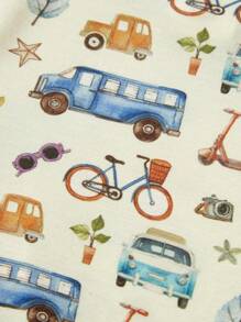 Cozy Pixies Baby Boy's Cartoon Car Pattern Color Block Short Sleeve Top And Footed Pants Snug Fit Pajama Set